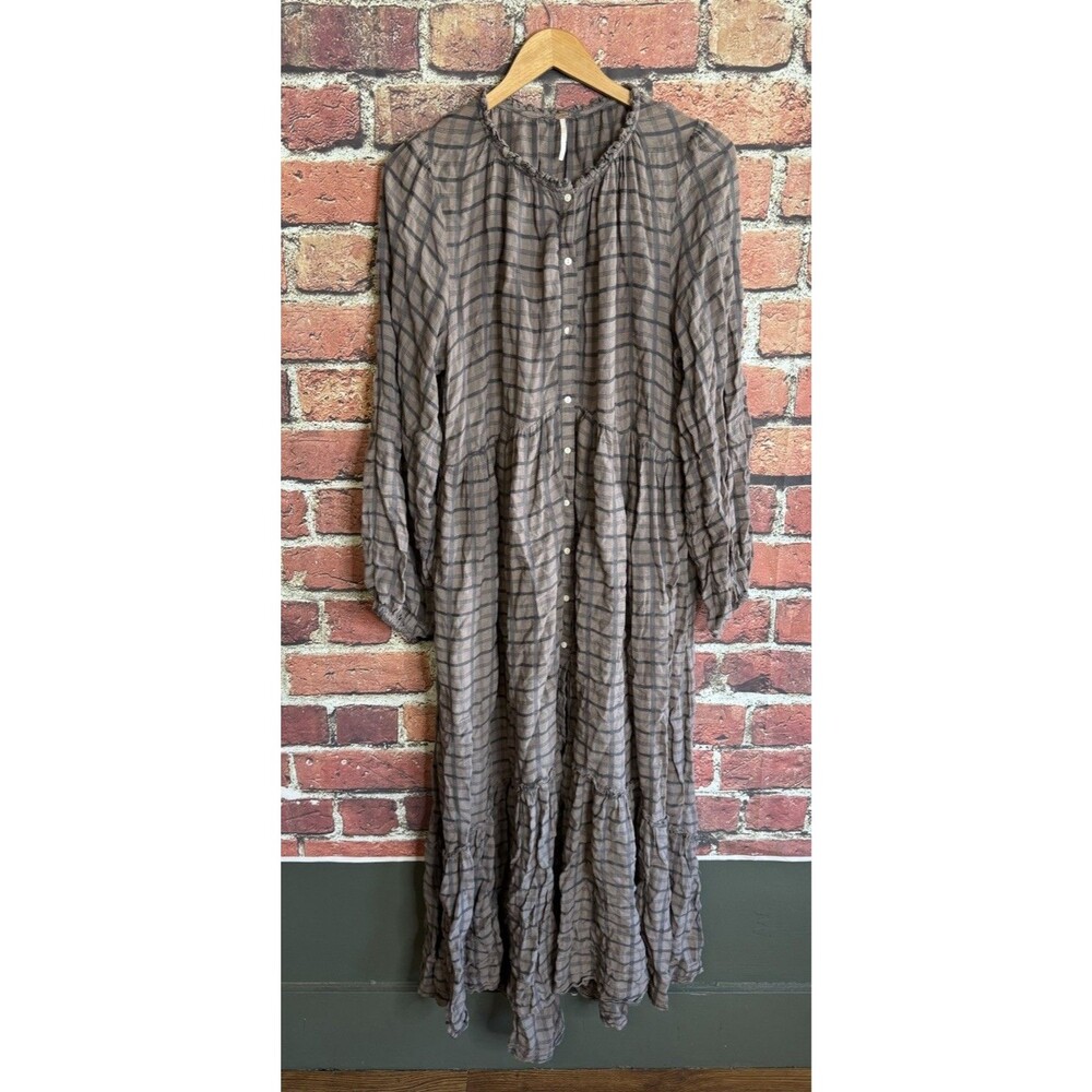 Free People Womens Edie Brown Checkered Long Sleeve Button Up Maxi Dress Size XL